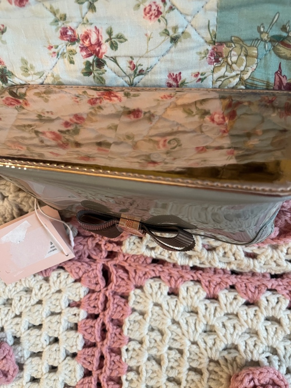 Ted Baker Grey Patent Cosmetic Pouch with Rose Gold Bow - Picture 5 of 9